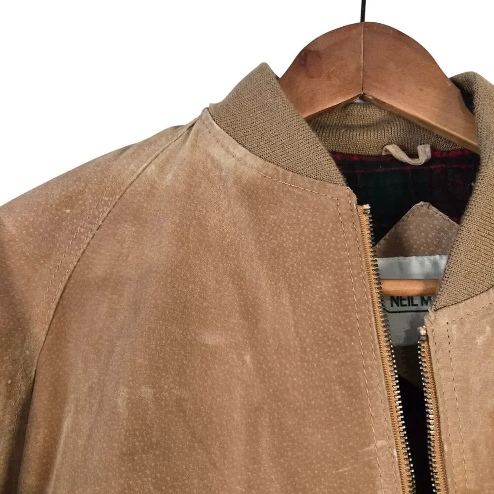 Vintage Grunge Revival Indie Sleaze Tan Suede 100% Leather Bomber Jacket Small